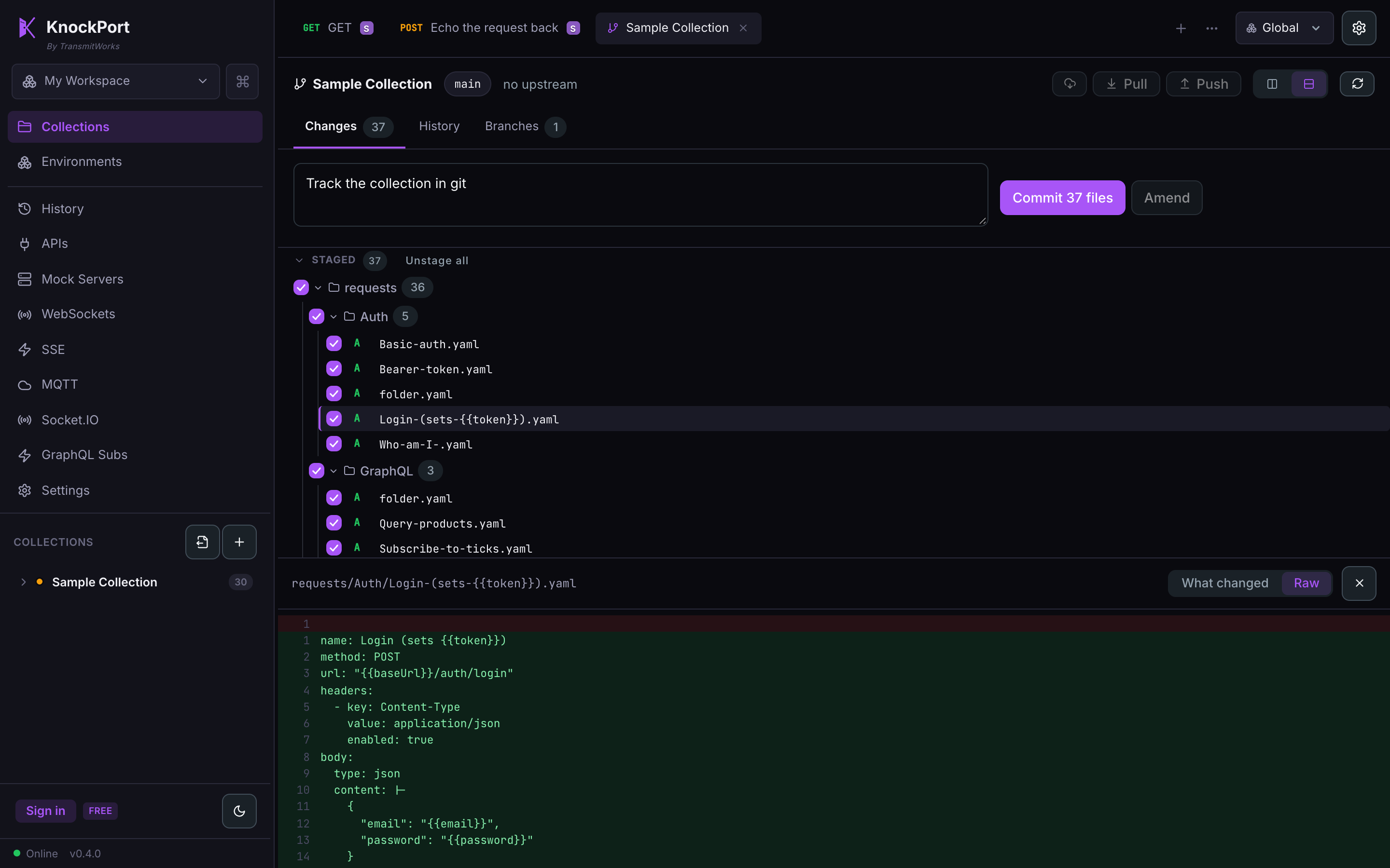 KnockPort's Source Control panel: a collection's requests tracked as individual YAML files, staged for commit, with one request's diff shown line by line.