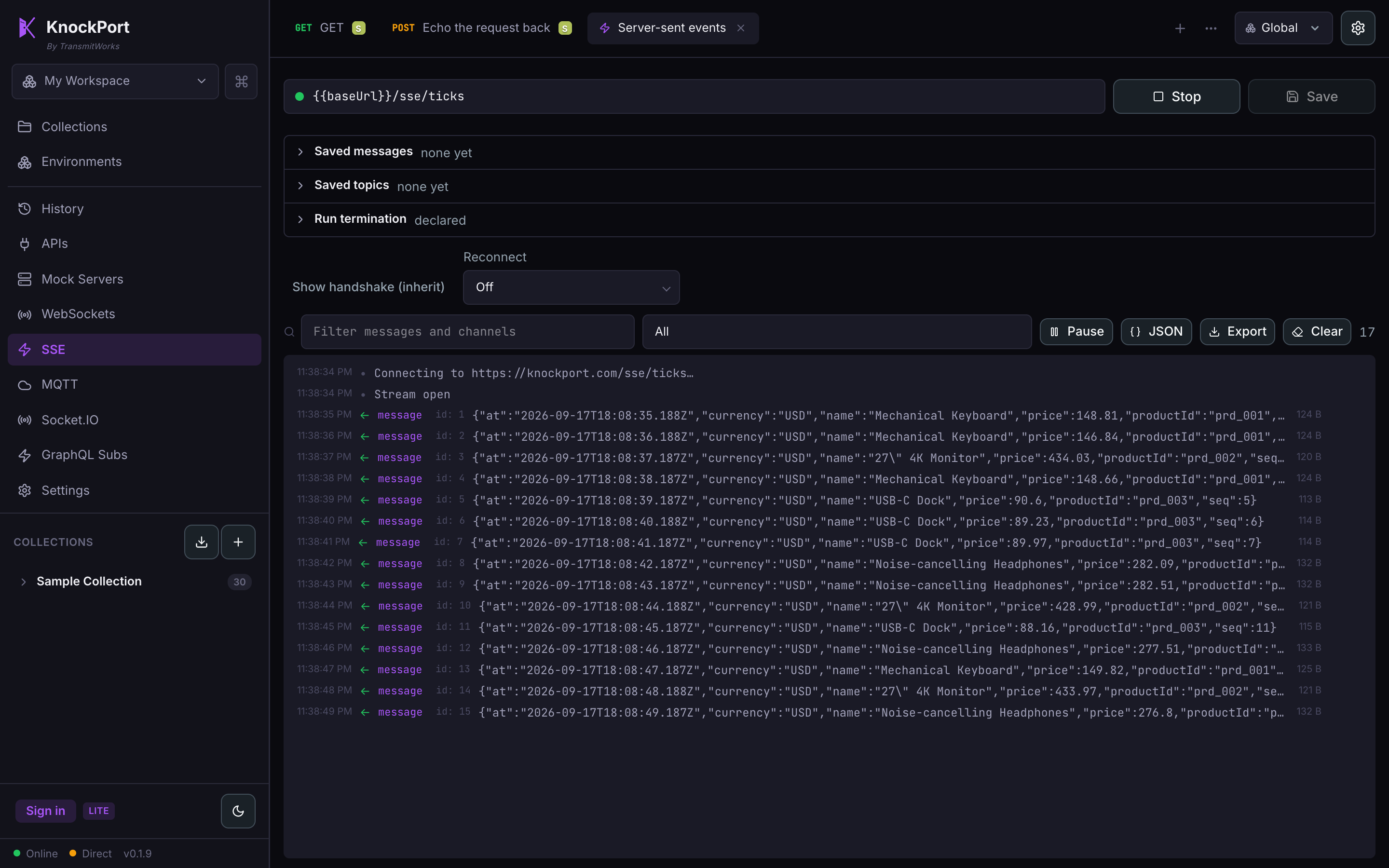 KnockPort showing a server-sent event stream with info, warning and error events distinguished by colour.