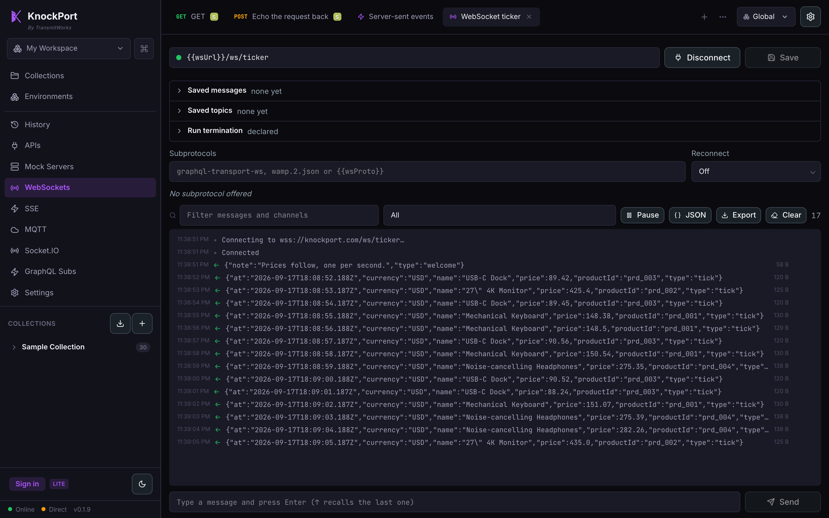 A live WebSocket session in KnockPort, listing timestamped incoming messages with their sizes.